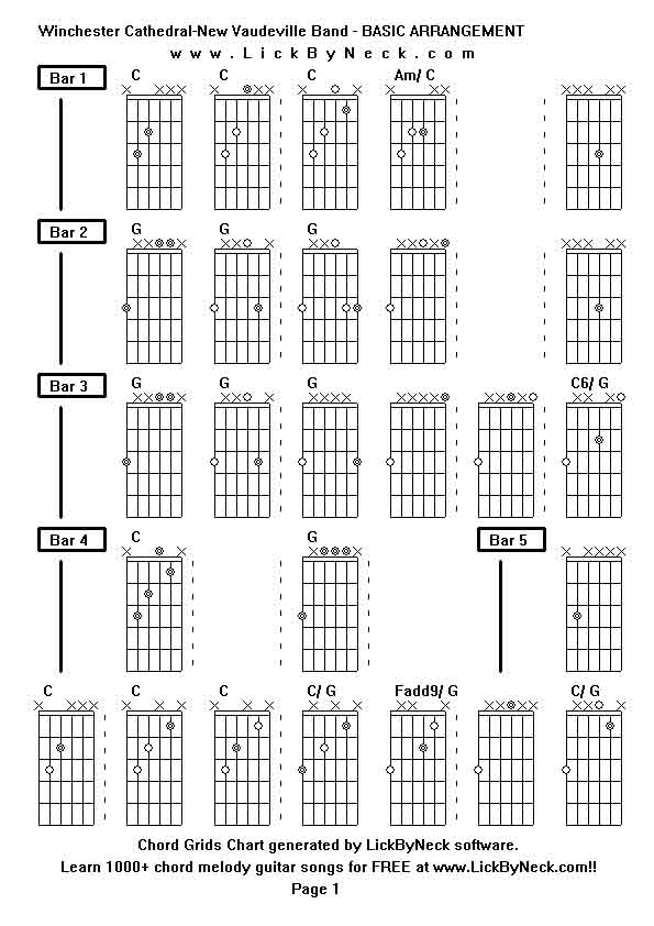 Chord Grids Chart of chord melody fingerstyle guitar song-Winchester Cathedral-New Vaudeville Band - BASIC ARRANGEMENT,generated by LickByNeck software.